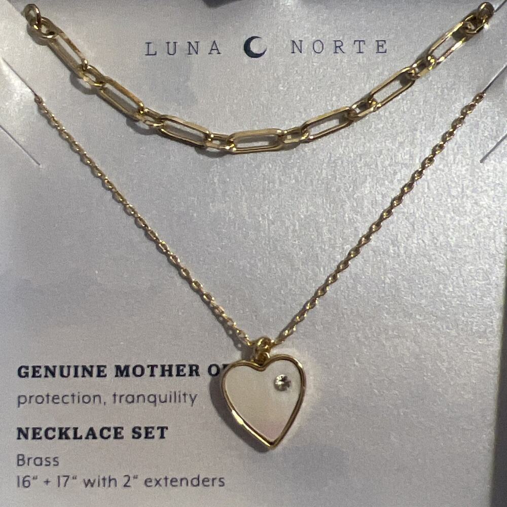 Lovely Luna Norte Brass Genuine MOP CZ Icon Heart Necklace rhinestone - Picture 2 of 3